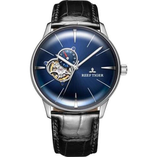 Reef Tiger Mens Wrist Watches,Luxury Watch For Men 50M Waterproof Mechanical Wristwatch Sapphire Mirror Skeleton Leather Strap