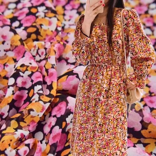 50*150cm Black Bottom Peach Pollen Yellow Floral Chiffon Yarn Fabric Dress Shirt Clothing Handmade DIY Fabric
