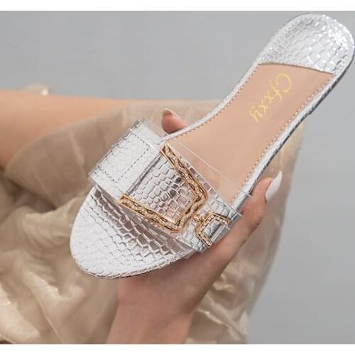 New Women Slippers Flat Heel Silver Gold Women Buckle Slides Shoes Summer Outdoor Beach Crystal Sandals Slipper Female Flip Flop