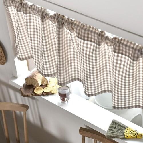 Tulle Sheer Cotton Linen Grid Short Roman Window Curtain for Home Living Room Decoration Voile in the Kitchen Cafe plaid Curtain