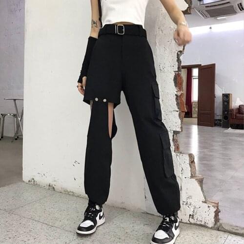 2020 Loose Black Pockets Hole Straight Pants Women Streetwear High Waist Fashion Cargo Pants Women Casual Trousers Bottoms