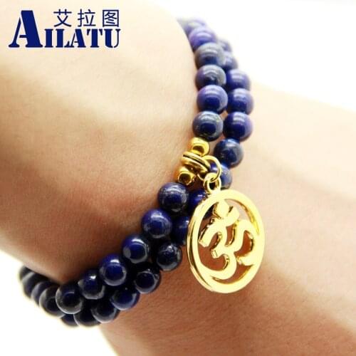 Ailatu New Design 6mm Lapis Lazuli Stone Beads Jewelry of OM Chakra Yoga Bracelet