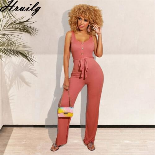 Women Jumpsuits Casual Sash Sleeveless Romper Buttons Female Jumpsuits Long Pants Summer Plus Size Solid Color Ladies Overalls