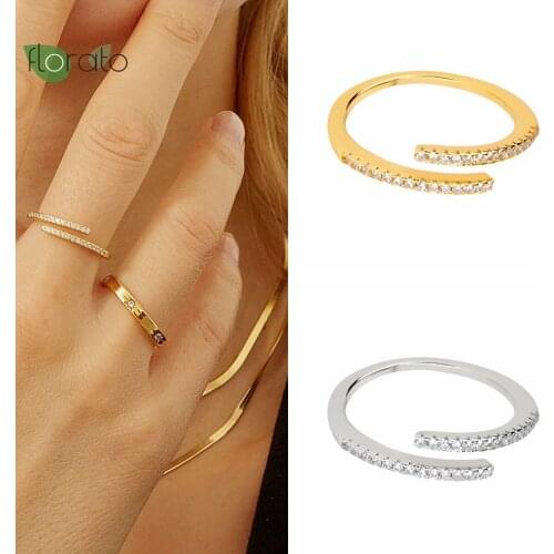 Brass/24k Gold-Plated Single Row Diamond Open Ring Women Simple Temperament White Zircon Adjustable Ring Wedding Jewelry A35