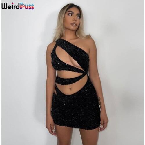 Weird Puss Sexy Sequins Trend Women Mini Dress One Shoulder Hollow Out Elastic Bodycon Waistless Skinny Party Clubwear Outfits