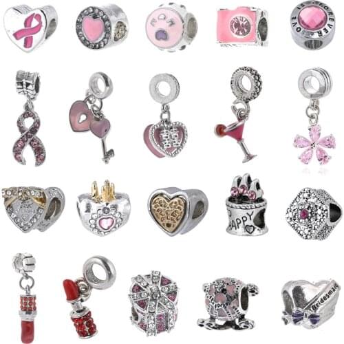 2Pcs/Lot High Quality Silver Plated Pink Heart Charm Pendants Fit Fashion Brand Bracelets For Women Romantic Jewelry Gift