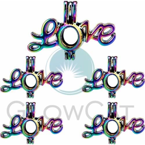 5X Rainbow LOVE Pearl Cage Locket Pendants Aromatherapy Essential Oil Diffuser Locket For DIY Necklace Jewelry