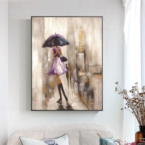 Abstract Textural Painting Lady In the Rain With Umbrella 100% Hand Painted Oil Painting On Canvas Modern Wall Art Home Decor