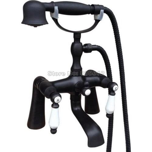 Deck Mounted Bathroom Black Oil Rubbed Bronze Dual Ceramic Handles Bathtub Mixer Tap with Handheld Shower Head Faucet Wtf505