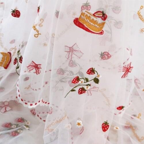 50*130cm Supple Soft Mesh Full-width Machine Embroidered Flower Strawberry Skirt Lolita Home Decoration Handmade DIY Fabric