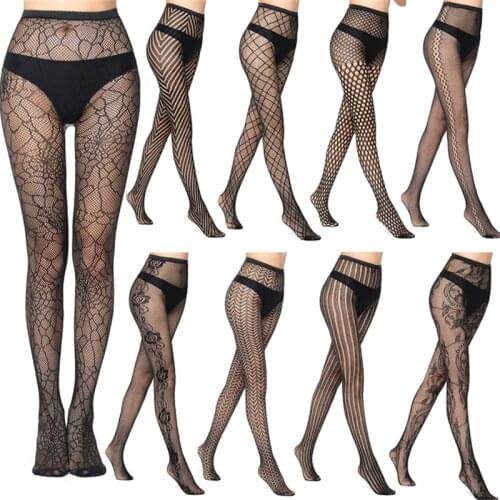 Euro and American Women Fishnet Tight High Stockings Super Stretch Black Star Skull Hollow Out Nonslip Seamless Sexy Stockings