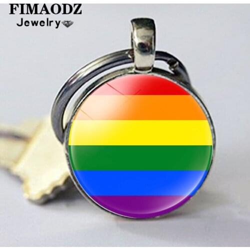 FIMAODZ Gay Pride Rainbow Flag Keychain Lesbian LGBT Pride Glass Cabochon Alloy Car Key Chain Keyring Couple Gift