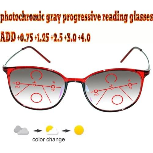 Photochromic Gray Progressive Multifocal Reading Glasses Ladies Woem Ultralight Red Frame+1.0 +1.5 +1.75 +2.0 +2.5 +3 +3.5 +4