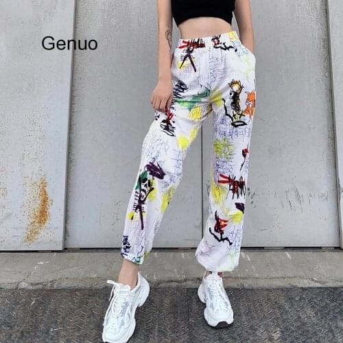 Graffiti Baggy Cargo Pants Women Jogger Sweatpants Casual Pockets Elastic High Waist Trousers Female Hip Hop Streetwear