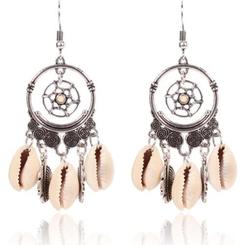 HC Fashion Shell Pendant Bohemian Earrings Women Boho Jewelry Vintage Dreamcatcher Long Statement Earring Antique Leaf Brincos F