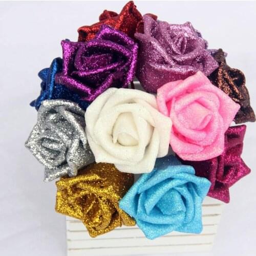 Hot sale 50pcs/lot Glitter Foam PE Artificial Flowers Rose Head Real Touch Gorgeous Shiny Home Wedding Party Decorative Flowers