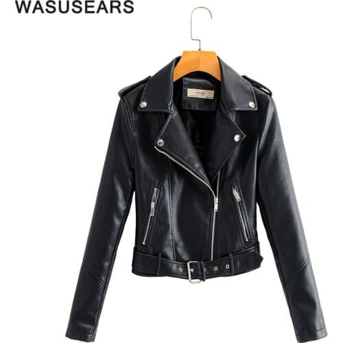 Motorcycle jacket women black faux leather jacket slim sashes purple leather jacket elegant spring outerwear jackets for woman