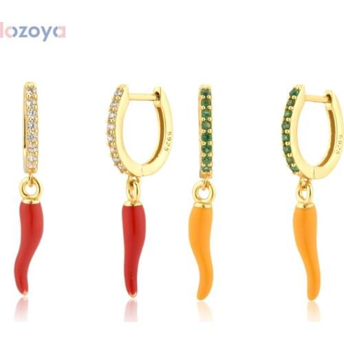 Lozoya 925 Sterling Piercing Pendiente Silver 8.5mm Enamel Yellow Chili Red Spicy Drop Earring Clips 2021Rock Punk Party