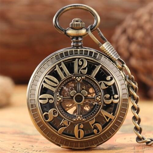 Bronze Arabic Numerals Skeleton Mechanical Pocket Watch Men Retro Clock Gifts Manual Machinery Pendant Pocket Timepiece Male