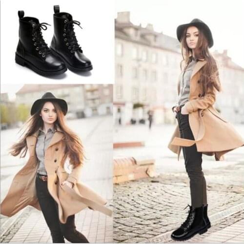 Autumn Women Boots Fashion Solid pu Leather black Lace-Up Thick Martin Boots Round Toe Shoes Outdoor PU Leather Winter Female S