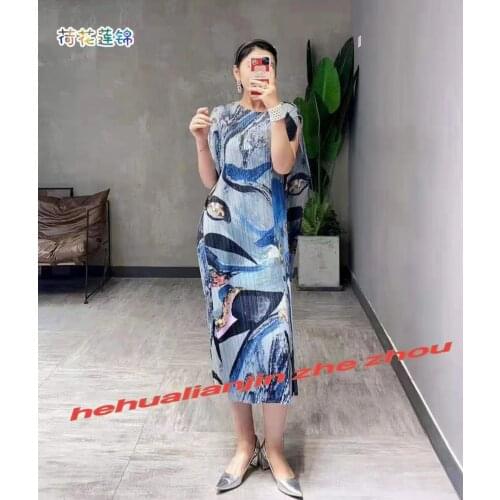 HOT SELLING Miyake new style pleated o-neck dress splice loose irregular print dress IN STOCK