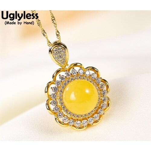 Uglyless Spinning Crystals Sunflower Necklaces for Women Natural Amber Beeswax Pendants + Chains 925 Silver Gemstones Necklaces