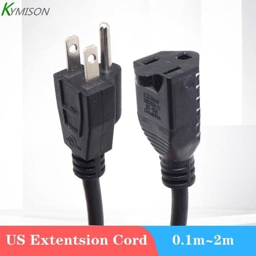 USA 3 Prong Male Plug to Female Socket Extension Cable American NEMA 5-15P To 5-15R Power Cord 0.3m/0.5m/1m/2m