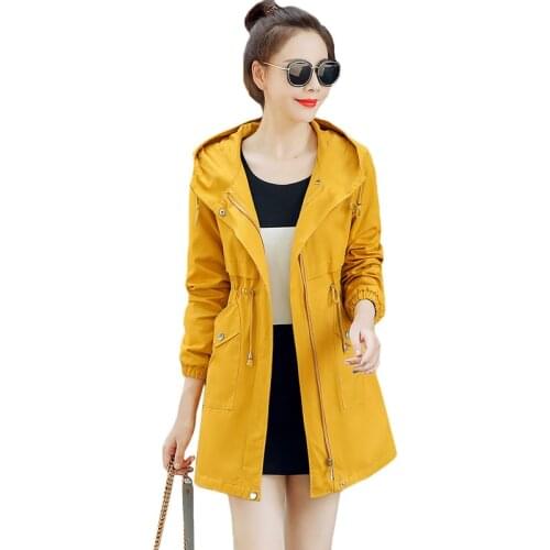 Spring Autumn Women Trench Coat New Solid Mid Long Hooded Outerwear Korean Slim Large Size Windbreaker Female Casual Tops AH154