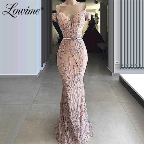Pink Mermaid Dubai Design Evening Dresses Lace Party Gowns For Weddings 2020 Formal Evening Wear Vestido De Festa Robes Custom