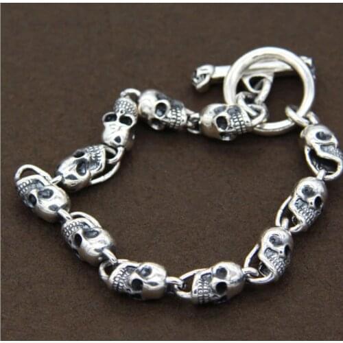 7mm mens solid 925 Sterling Silver skull Punk Rock Vintage Biker Jewelry collection bracelet bangle A634