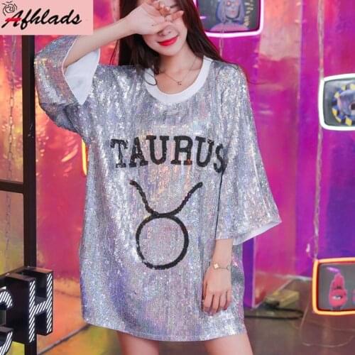 Streetwear Three Quarter Sleeve Tops Spring Summer 2021 Sequins Letter Round Neck Patchwork Night Club Fashion Women T-Shirt