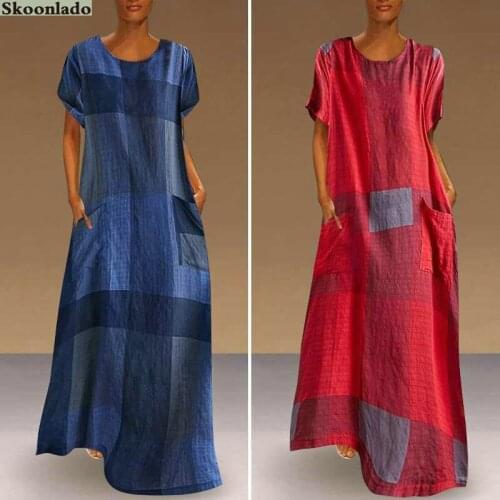 Womens fashion short-sleeved round neck plaid cotton and linen show elegance and temperament leisure style long skirt