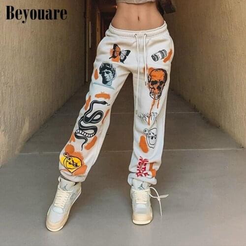 Beyouare Womens Print Sweatpant Autumn Cotton Loose Pocket Elastic Waist Trousers Cargo Pants 2021 Sporting Streetwear Pants
