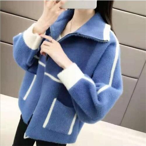 2021 new cardigan womens autumn and winter solid color long-sleeved zipper thick warm loose pocket casual