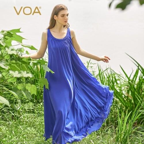 VOA Silk Georgette Cymbidium Sling Round Neck Braided Hair Decorative Fold Loose Pendulum Refreshing Double Layer Dress AE936