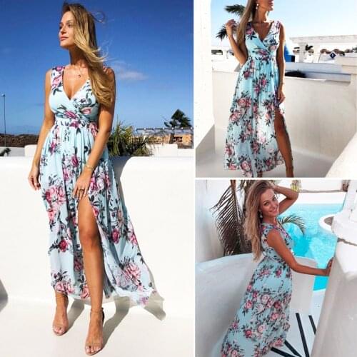 2020 Women Dress Chiffon Boho Floral Print Long Beach Sleeveless V-Neck High Waist Evening Party Summer Fashion Split Sundress
