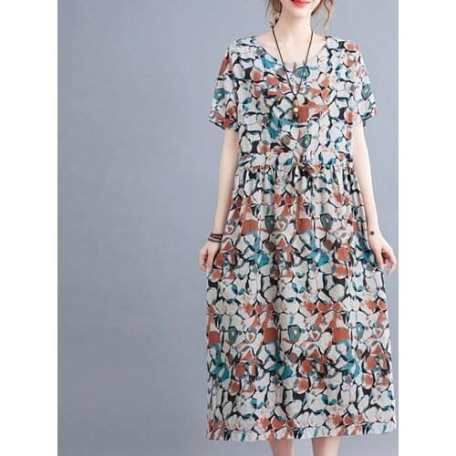 Print Floral Vintage Dress 2021 New Arrival Soft Cotton Linen Loose Women Casual Summer Dress Draw String Office Lady Work Dress