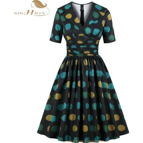 SISHION Short Sleeve Elegant Green Dress with Colorful Large Polka Dots VD1930 Turn Down Collar A Line Vintage Party Dresses