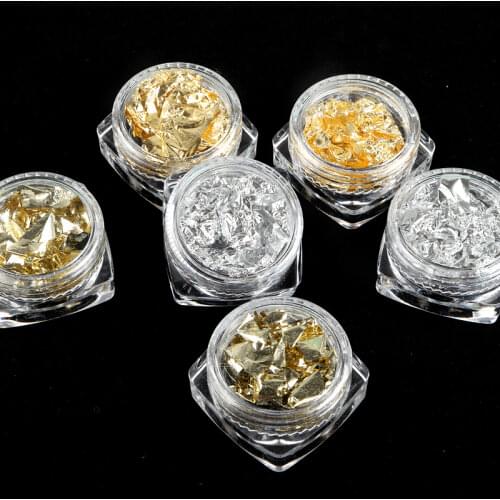 6 Boxes/Set Nail Foils Stickers Gold Leaf Flakes Colorful Irregular Aluminum Foil Paper Decals Professional Nail Art Decorations