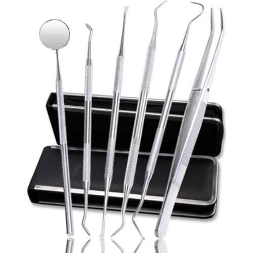 6Pcs/Set Oral Care Dental Mouth Mirror Sickle Scaler Tweezers Probe Dentist Instrument Stainless Steel Teeth Cleaning Whitening
