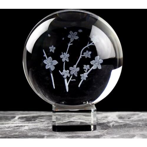8CM 3D Laser Engraved Oriental Cherry Crystal Ball Japan Sakura Model Glass Ball Fengshui Home Decoration Craft Gifts