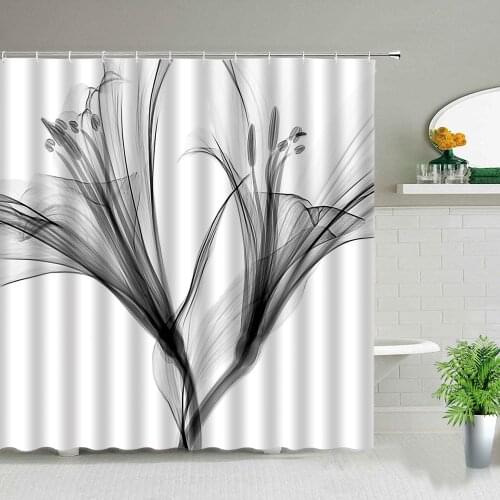 Abstract Black X-ray Blossom Transparent Flower Nature White Shower Curtain Art Waterproof Bathroom Fabric for Bathtub Decor