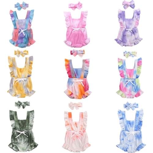 Free Shipping 9Colors Baby Girls Outfits 2Pcs Sleeveless Gradient Ruffled Romper + Headband Clothes Set Summer