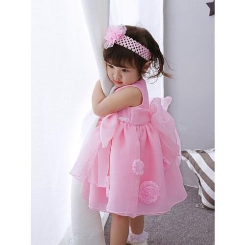 2017 Baby Girls Summer Dress Infant Flower Girl Dress With 3D Appliques For 1 Year Birthday Party 3 Color 3-24M Free Shipping