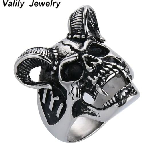 EdgLifU Drop Ship US Size 7-14 Cool Horn Goat Skull Ring Stainless Steel Mens Motorcycle Biker Zombie Vampire Skull Ring For Men