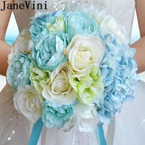 JaneVini Light Blue Rose Wedding Bouquets 2019 Silk Flowers Brooch Beach Wedding Bridal Ribbon Bridesmaid Bouquet De Mariage