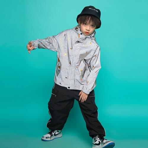 Kids Reflective Material Hooded Jacket Boys Girls Teenagers Children Loose Casual Streetwear Hip Hop Coat Stage Clothing
