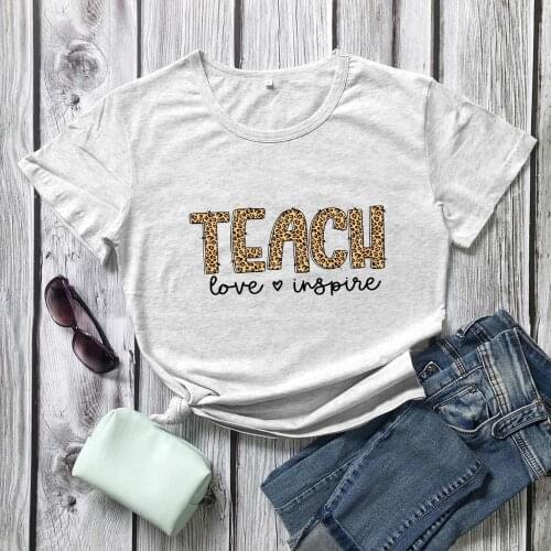 Leopard Print Teach Love Inspire Leopard T-shirt Teachers shirt women casual grunge vintage aesthetic Tops drop shippping