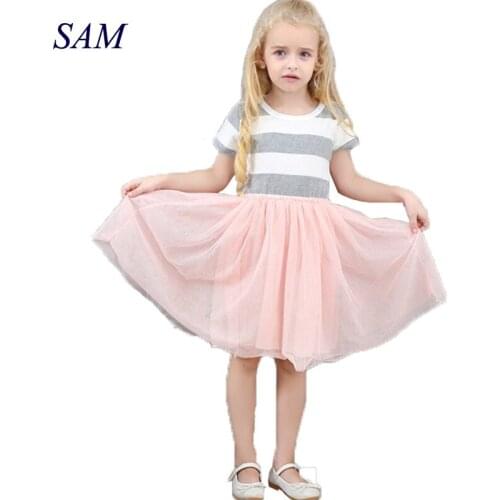 Gairls summer casual dress striped short net yarn splicing dresses childrens party clothes kis princess ball gown clothes