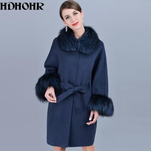 HDHOHR 2020 Hot Sale Cashmere Coat Women Winter Sleeve Collar With Natural Real Fox Fur Jacket Genuine Fox Fur Coats Female